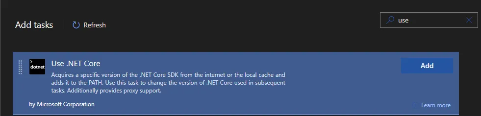 Screenshot of add task window, showing new "use .net" task
